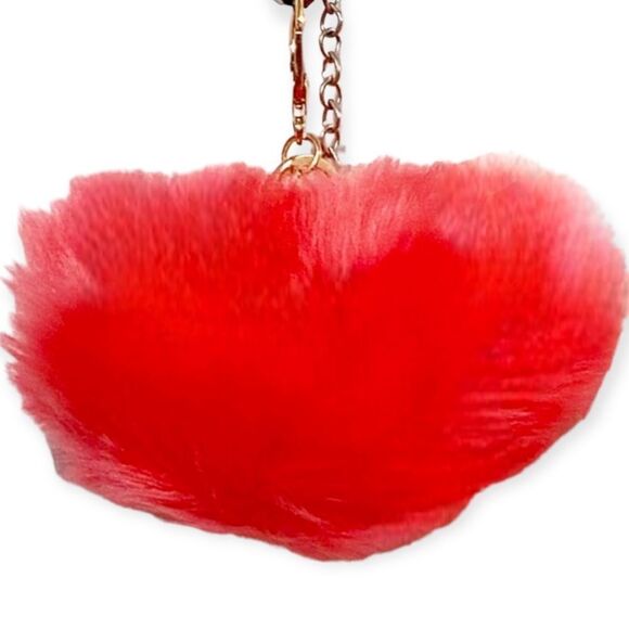 Pink Fuzzy Pom Pom Heart Handbag Accessories Gold Key Chain NEW - Picture 2 of 4